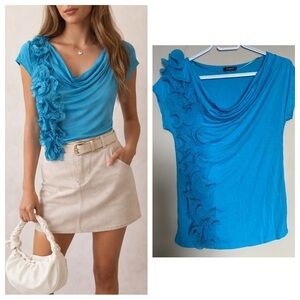Blue Cowl Neck Ruffle Top M Romantic Y2K Dressy Boho Officecore Blouse